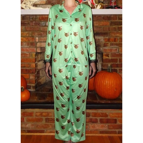 Mint Green Annoyed Cat Pajama Set L pants button up top sleepwear kitty - Picture 2 of 9